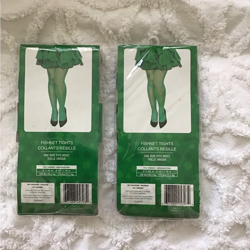 Green Fishnet Tights, St. Patrick’s Day accessory, Two Pairs, 100-170 lbs. NWT.